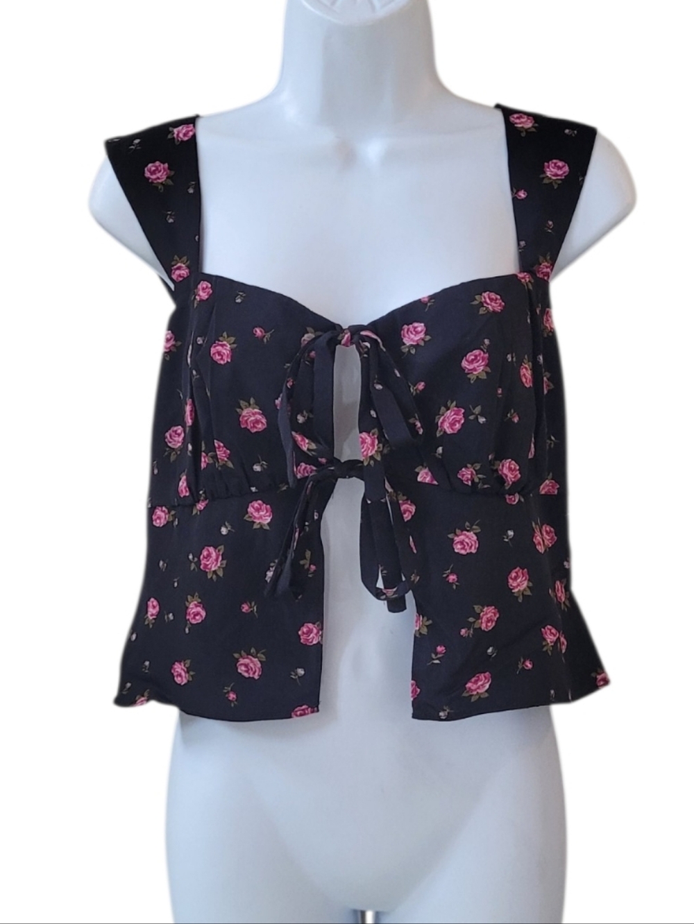 LE LIS Black Floral Rose Print Front Tie Wide Strap Top Size M